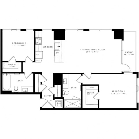 Floor plan for 2 beds, 2 baths, 1191 sqft